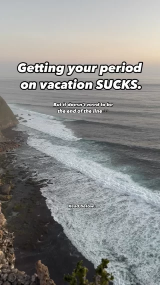 Getting your period while on vacation is the WORST 😭😭😭
(admin has definitely struggled on this front), so these are her tips and tricks: 
1. ESSENTIALS 💯 
Make sure you bring enough of your preferred products—tampons, pads, menstrual cups, or period underwear. If you’re in an unknown place, you may not have access to a pharmacy or they may not stock your product. 
2. PAIN RELIEF 💊 
Bring over-the-counter pain relievers like ibuprofen or naproxen if you’re prone to cramps. It helps deal with the discomfort. 
3. APPROPRIATE CLOTHING 🩱 
If you plan to swim, consider leak-proof swimwear or tampons/menstrual cups that can be used in the water.
4. MAKE CHANGES IF NEEDED 📅 
Don’t be afraid to take it slow on the days when your cramps or fatigue are worse. Visit a spa, have a lie in or even enjoy a nice meal. 
With these preparations, you can enjoy your vacation without letting your period get in the way too much!